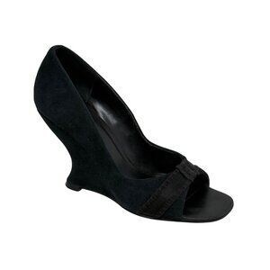 White House Black Market Vidal Black Suede Open Toe Curved Wedge Heels Size 6